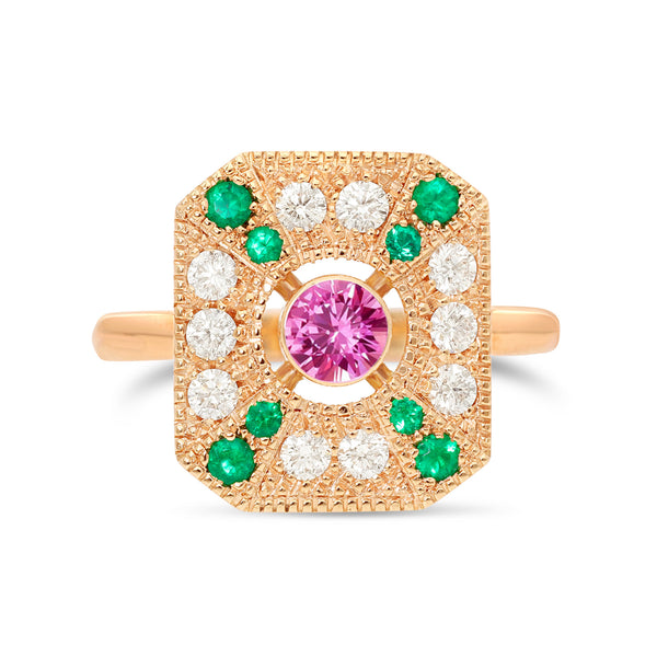 Bague art deco saphir rose emeraudes joaillerie Manal Paris