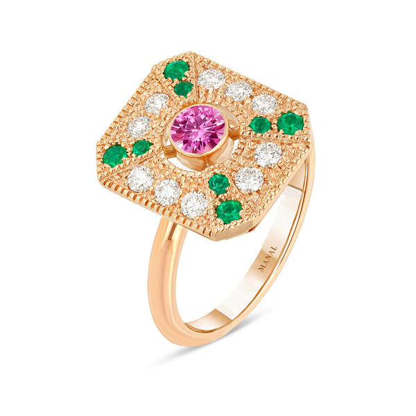 Bague palmeraie saphir rose emeraudes joaillerie Manal Paris