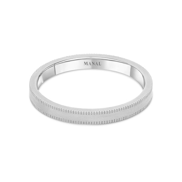 Men s Flat Brushed Millegrain Wedding Ring in 18K White Gold