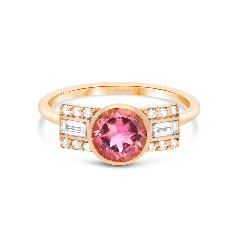Bague art déco tourmaline rose et diamants et or rose 18 carats Odysée joaillerie Manal Paris